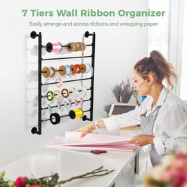 BATTIPAW 7-Tier Modern Black Metal Wall Organizer, Ribbon & Wrapping Paper Roll Holder, Craft Room Shelf