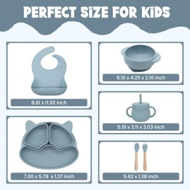 Baby Feeding Essentials, Baby Led Weaning Supplies, Silicone Baby Feeding Set, with Baby Spoon, Fork, Baby Bib, Sippy Cup, Suction Plate, Suction Bowl, Baby Eating Essentials, 6+ Months (Dusty Blue)