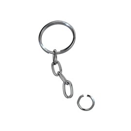 Argolla para llavero con cadena y conector con terminado niquel. Contenido de 300 piezas:100 argollas, 100 cadenas y 100 conectores