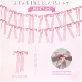 Pink Bow Garland, 2 Pcs Pink Bow Banner Hanging Ribbon Garland Party Decorations for Birthday, Bachelorette Bridal Shower, Tea Party, Wedding, Coquette Room Decor, Baby Shower Decorations for Girl