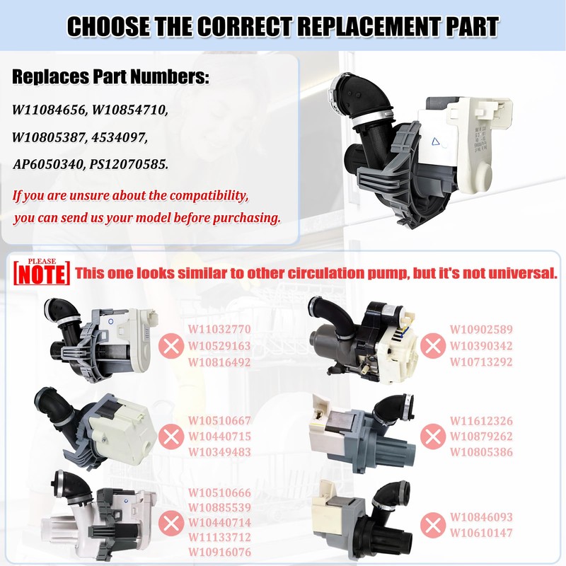 W11084656 W10854710 Dishwasher Circulation Pump Motor Assembly for Whirlpool Dishwasher