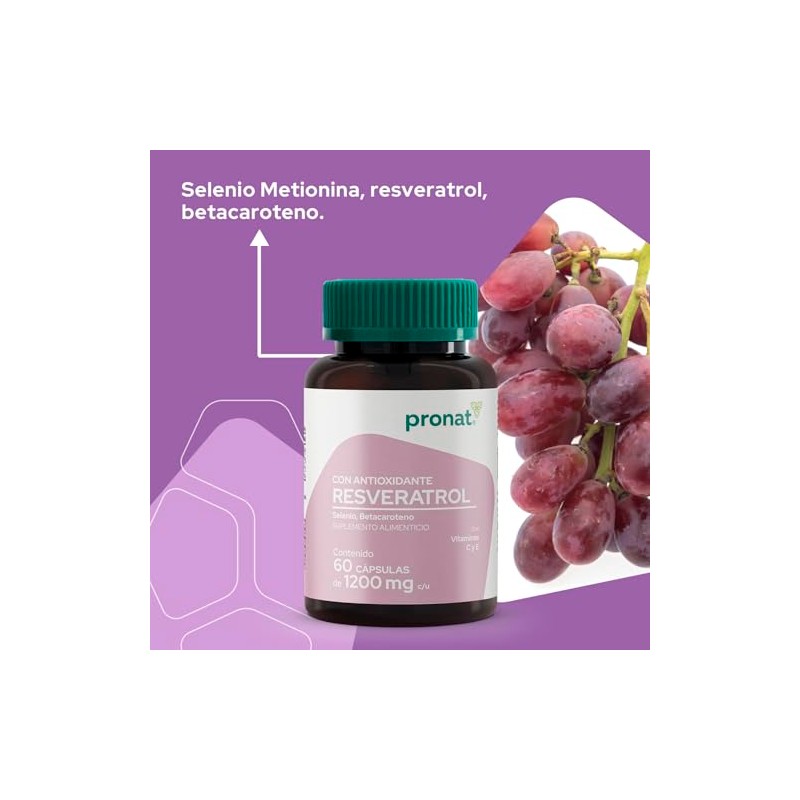 PRONAT | Resveratrol, Antioxidante, Suplemento Alimenticio, Selenio y Betacaroteno, 60