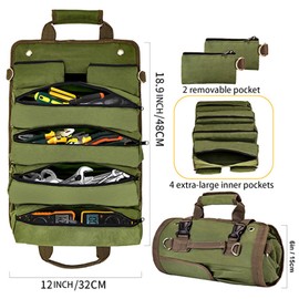 Roll Up Tool Bag, Tool pouch Tool Roll with 2 Small Detachable Zipper Pouches. The tool roll Compact Durable Tool Storage for Men, Perfect for Handyman, RV Owners, Dad Men Mechanic Birthday Gifts