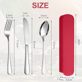 HOTUT 3 Pcs Travel Cutlery Set, Cutlery Set with Portable Pouch Case, Stainless Steel Flatware, Reusable Cutlery Set, Portable Utensils for Home Outdoor Travel Picnic Office School Lunch Box, Red