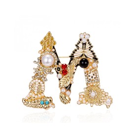 RINHOO Crystal Pearl Initial Brooch Gold Plated Enamel Colorful Letter Alphabet Breastpin Pin Jewelry for GIFTS (Letter -M)