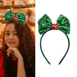 Sequin Bow Headband Christmas Headbands for Girls Big Bowknot Headband Holiday Themed Headbands Hair Bow Headbands for Women Girls Green Sequin Headband Christmas Party Accessories