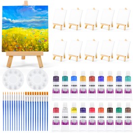 Gdotmely 10 Pack Mini Canvas and Easel Set, 4 X 4 inch Canvas for Drawing, 18 Acrylic Paint Set with 20 Brushes & 2 Paint Trays, Art Painting Kits for Birthday Party Favors
