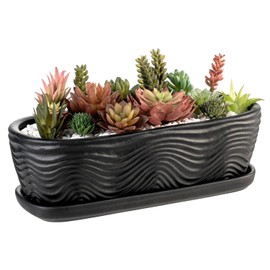 MyGift 13.5 inch Succulent Planter Pot, Oval Modern Ceramic Plant Box Container with Wave Textured Pattern and Removable Saucer Drip Tray (Black)