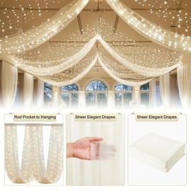 Ivory Ceiling Drapes with Lights String for Weddings, 6 Panels 5ftx20ft Sheer Tulle Backdrop Photo Background Drapes for Wedding Ceremony Birthday Party Arch Decoration