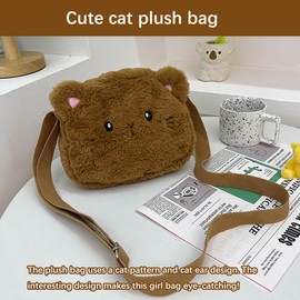 duoyif Bow Shoulder Bag Girls Plush Bag White with Pearl Chain Bow Handbag Princess Shoulder Bag Plush Shoulder Bag Small for Girls Women, Brown cat
