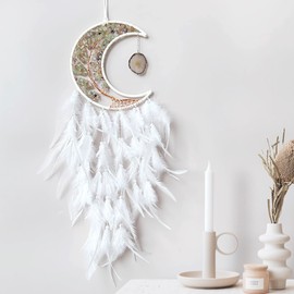 Moon Dream Catchers with Chakra Gemstone Agate Stone, Crystal Tree Life Dream Catchers Wall Hangings Room Decor (White)