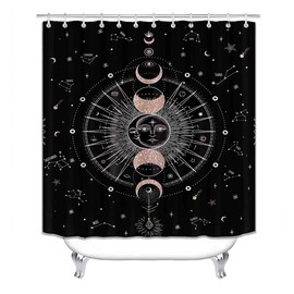 OLEBETY 4PCS Celestial Black Shower Curtain Set, Rose Gold Glitter Crescent Sun and Moon Phase Star Galaxy Constellation Astrology Zodiac Tarot Witch Boho Aesthetic Bathroom Decor, Bath Mat Toilet Rug