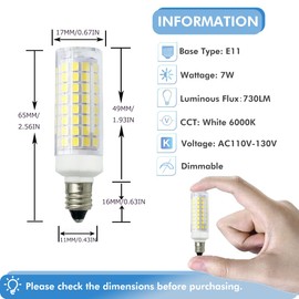ZSSXOLED [Pack of 5] E11 LED Light Bulb 7W Dimmable Mini Candelabra Base 75W Halogen Equivalent, T3/T4 JD Corn Bulb for Indoor Chandeliers Cabinet Decorative Lighting White 6000K
