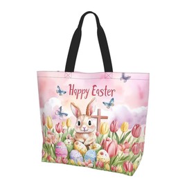 Hufuaoey Happy Easter Tote Bag with Handles Large Happy Easter Reusable Bags Gift Bunny Egg Hunt Bags