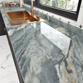 Wallderful Gold Grey Marble Contact Paper for Countertops Blue Glossy Marble Wallpaper Peel and Stick Countertops Removable Kitchen Granite Paper for Backsplash Bathroom Walls Cabinets Wrap 15.75"x78"