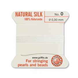 Griffin Silk Bead Cord Perlseide – White Color – Size 0 (0.30mm) – 2 Meters per Card – Stainless Steel Needle Attached – for Knotting Pearls, Gemstones, Crystals and Beads