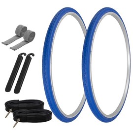 PRO+ Pair of Bicycle TIRE 700 X 28 Blue/Blue SIDEWALL (2) Tires W/Tubes 48MM Presta Valve, Rim Strips & TIRE LEVERS G-5013