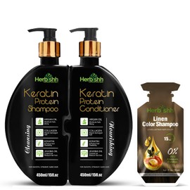 Herbishh Linen Hair Dye Shampoo + Keratin Haircare Set | PPD-Free 3-in-1 Gray Coverage + Plant-Based Hair Repair | 10 Sachets Dye 30 ml each, Shampoo & Conditioner 450 each combo