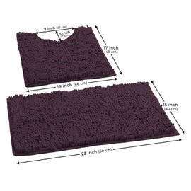 LuxUrux Bath Mat, Luxury Chenille (2-Piece) Bath Mat Set, Soft Plush Anti-Slip Bath Rug + Toilet Mat.1'' Microfiber Shaggy Carpet, Super Absorbent (Curved Set Small, Plum)