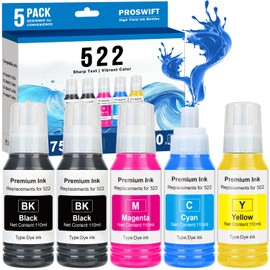 PROSWIFT 522 Ink Refill Bottles Remanufactured for Epson T522 522 Ink for Eco Tank ET-2800 ET-4800 ET-2400 ET-2803 ET-2720 ET-4700 Printer (Not Subi, 5 Bottles, 550ml)