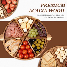 YUBAMIN Acacia Wood Serving Tray with Handles, Round Charcuterie Boards with 6 Detachable Pizza Trays, Wooden Decorative Tray for Party, Coffee Table Tray for Home Decor, Bathroom, Kitchen Counter