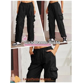 QYANGG Baggy Parachute Pants for Women& Girls Drawstring Elastic Low Waist Ruched Cargo Pants Multiple Pockets Jogger Y2K Black