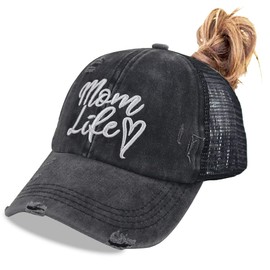 Mom Life Hat for Women, Mama Mesh Messy Bun Hats with Ponytail Hole, Mom Baseball Cap Gift for Birthday Mother' Day