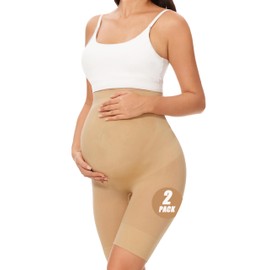 YESWEL Maternity Underwear Shapewear For Women, Seamless, High Waist, Shorts Panties For Pregnancy Under Dress, Over Bump, 2 Pack (Nude, Medium)