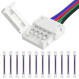 Hitlights LED Connector 12 Pack 10mm 4 Pin RGB LED Strip Light Connectors - 6 Inch Solderless Connectors for 5050 Color Changing LED Tape Light, Kitchens, Cabinets and More