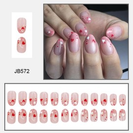 24Pcs Valentines Press on Nails Almond Fake Nails,Cute Heart Nails Tips Pink Gradient Red Hearts Dots Designs False Nails Heart Glue on Nails Full Cover Valentine Day Acrylic Nails for Women Girls