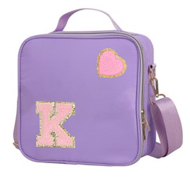 Insulated Nylon Lunch Box for Girls, Kids, and Women-Stylish Purple Preppy Large Lunch Bag with Adjustable Strap (Letter K), Tote for School, Travel, and Picnics-Ideal Preppy Stuff Choice