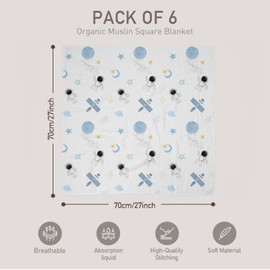 GLLQUEN Muslin Cloths for Babies, Pack of 6 Cotton Burp Cloths 70 cm x 70 cm, Absorbent and Breathable and Ideal for Cleaning, Wiping and Covering Newborns (Astronaut)