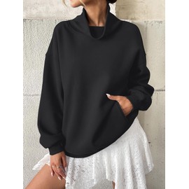 EasyGala Womens Fleece Oversized Sweatshirts with Pocket Turtle Neck Pullover Casual Long Sleeve Fall Tops Loose Fit Black XX-Large
