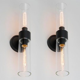 Teqinchy Wall Sconces Set of Two,Black Bathroom Vanity Light with Handblown Clear Glass Modern Bathroom Sconces Light Set of 2 for Bedroom Livingroom Hallway Stairway E26 Indoor Hardwired