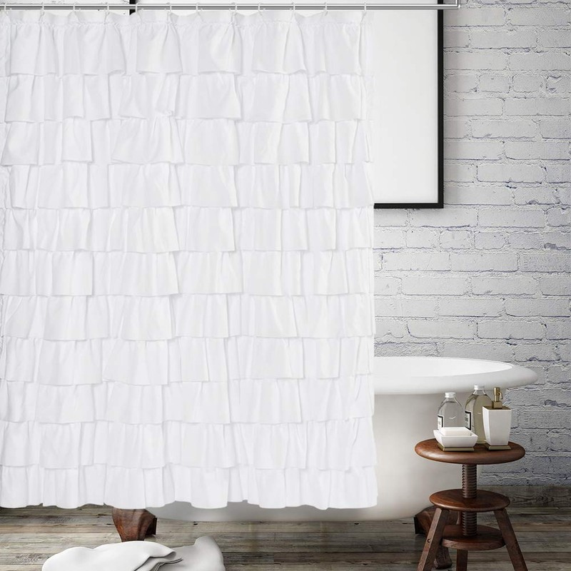 WestWeir Ruffle Shower Curtain,84-inches Extra Long,White Ruffled Bath Curtains for