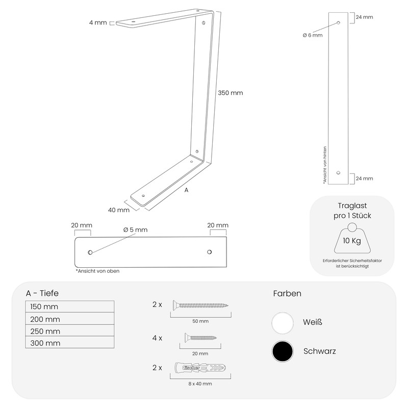 HEVVA HARTENBERG Double Shelf Brackets 15/20/25/30 cm Shelf Bracket, L-shaped