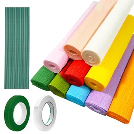 Crepe Paper Rolls, 10 Colors of Coloured Crepe Paper, 25 x 250 cm with 30 Pcs Floral Iron Wire, 2 Rolls of Tape and Small Scissors for Making Valentine's Day Flowers DIY Floral Paper Crafts