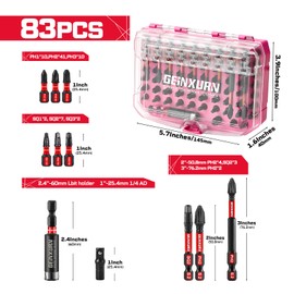 Geinxurn 83Pieces Impact Screwdriver Bits Set, Magnetic S2 Steel Phillips/Square Insert Power Bits Tips Set with Impact Bit Holder and 1/4”Socket Adapter (Pink Storage Box Case)