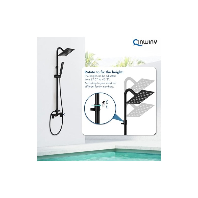 Wall Mounted Outdoor Shower System Matte Black 6" Square Rainfall