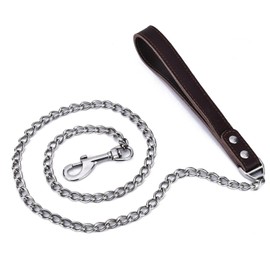 YOTHIWAD Metal Dog Lead, Strong Heavy Duty Chew Resistant Dog Lead, Durable Stainless Steel, Comfortable Genuine Leather Handle, Walking Training Lead for Medium Large Dogs (120 cm)