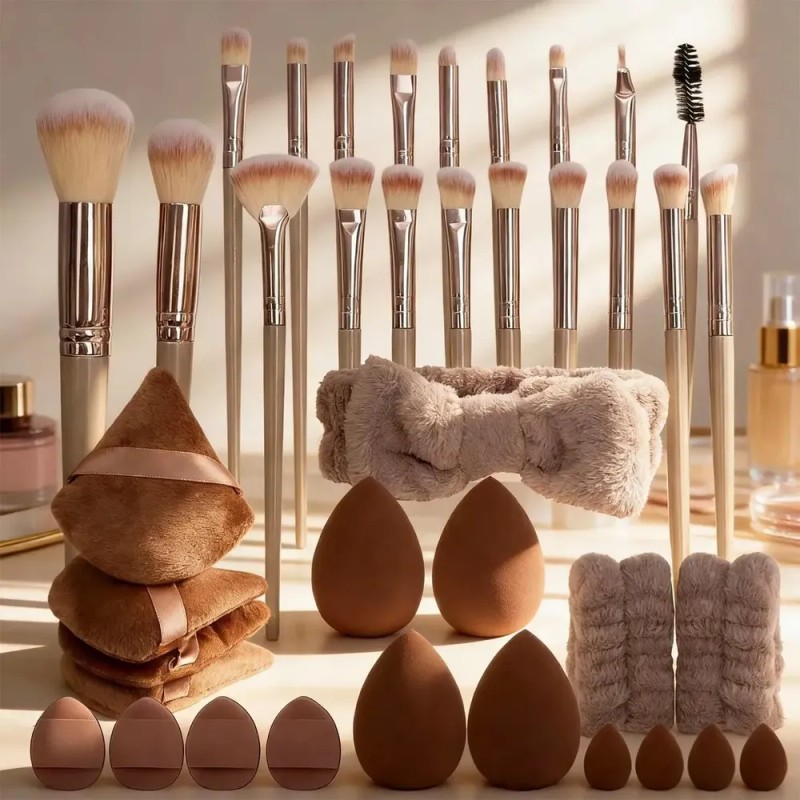 Set 40 Brochas Y Esponjas Maquillaje Profesional 40pcs Coffee