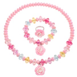 koutey Gilrs Flower Stretch Necklace Little Girl Necklace Bracelet Set, Little Princess Rainbow Mremaid Jewelry Set Play Necklaces Bracelet Rings for Girls Accessories Favors