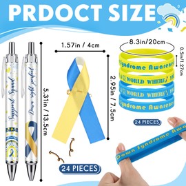 ReliThick 72 Pcs Down Syndrome Awareness Accessories Include Blue and Yellow Silicone Bracelet Wristband Down Syndrome Awareness Ribbon with Pins Retractable Ballpoint Pen for Men Women