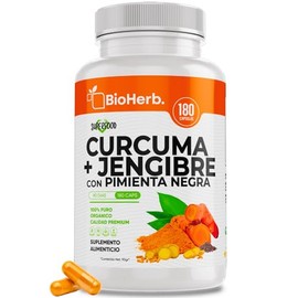 BioHerb® | Cúrcuma + Jengibre + Pimienta Negra – Absorcion Potenciada hasta en un 2000% con 180 Cápsulas (Para 90 Días) – Soporte AntiInflamatorio para Articulaciones y Bienestar General