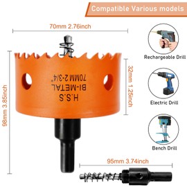 Hole Saw 70 mm, HSS Bi-Metal Hole Saws, Hole Drill Wood with Hex Shank and Drill, Universal Hole Cutter for Wood, Plywood, Plastic, Drywall, Thin