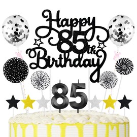 85th Geburtstag Kuchen Dekoration Kuchen Toppers Schwarz Zahl Kerzen Birthday Torten Dekoration Sternen Papierfächer Ballon Torte Toppers Kuchendeko für 85. Geburtstag Dekorationen Party Zubehör