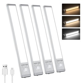 Sanofuturion Motion Sensor Under Cabinet Lighting-Magnetic Rechargeable Closet Lights for Kitchen,Stairs,Wardrobe | 3-Color Dimmable LED Under Counter Lighting | Cord-Free Light Bars (9.5inch-4Pack)