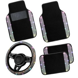 NBTEPEM Bling Car Floor Mats Full Set and Steering Wheel Cover, Universal Fit Most Cars, 4 pcs Sparkle Glitter Diamond Carpet, 5 pcs Bling Car Accessories Set for Women (Multicolor Diamond)