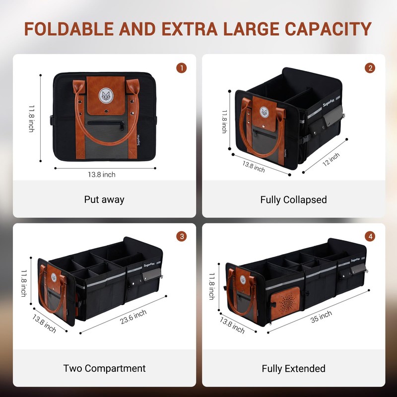 SugarFox Car Trunk Organizer, Foldable with Fox Pattern, Leather/Oxford Blend,