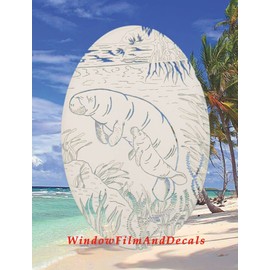 Oval Manatee Etched Window Decal Vinyl Glass Cling - White with Clear Design Elements (4" x 6")